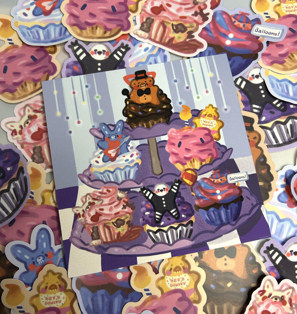 FNAF 2 Cupcake Print surrounded by Sticker Versions